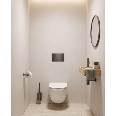 Pack WC QeramiQ Dely Swirl Compact - réservoir encastrable Geberit UP320 - avec bâti-support Burda - abattant slim - plaque de commande en métal gunmetal - boutons ronds - blanc brillant