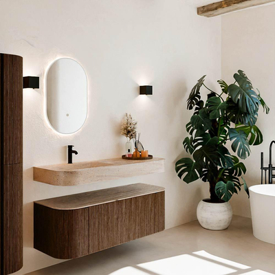 MONDIAZ THOR-DLUX 130cm badmeubel ronding links + rechts kleur Walnut met 1 lade en 2 deuren. Vrijhangende wastafel CLOUD Links 1 kraangat kleur Saba.