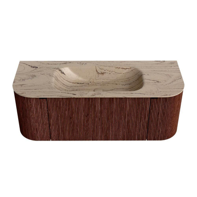 MONDIAZ KURVE-DLUX Meuble de salle de bains 120 cm arrondi gauche + droite couleur Ruby avec 1 tiroir et 2 portes. Lavabo BIG SMALL central sans trou de robinet Arena.