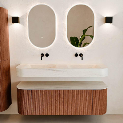 MONDIAZ THOR-DLUX 140cm meuble de salle de bains arrondi gauche + droite couleur Ruby avec 1 tiroir et 2 portes. Vasque suspendue CLOUD Double sans trou de robinet couleur Meli.