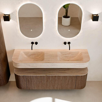 MONDIAZ THOR-DLUX 150cm badmeubel ronding links + rechts kleur Walnut met 1 lade en 2 deuren. Vrijhangende wastafel CLOUD Dubbel zonder kraangat kleur Saba.