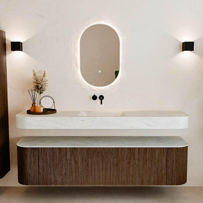 MONDIAZ THOR-DLUX Meuble de salle de bains - 180cm - arrondi gauche + droite - couleur Walnut - 2 tiroirs et 2 portes - Vasque suspendue CLOUD Milieu sans trou de robinet - couleur Opalo