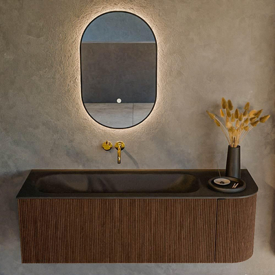 MONDIAZ KURVE Meuble de salle de bains 135 cm avec module 25 R couleur Walnut avec 1 tiroir et 1 porte. Lavabo BIG MEDIUM gauche sans trou de robinet Urban.