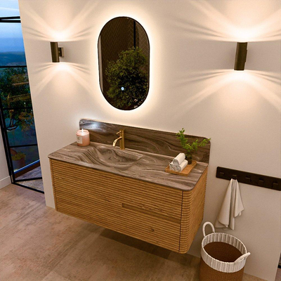 Mondiaz CIRO-DLUX Ensemble de meubles de salle de bains - 120x45x50cm - Vasque solid surface Sombra - 1 lavabo à gauche - 1 trou de robinet - 2 tiroirs - Chêne