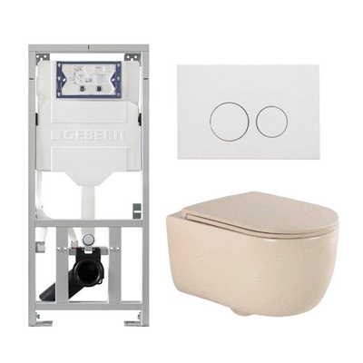 QeramiQ Dely Swirl Ensemble WC - 36.3x51.7cm - Réservoir encastré Geberit UP320 - Abattant fin- Plaque de commande en métal blanc mat - Boutons ronds - Beige