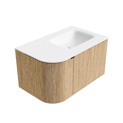 MONDIAZ KURVE Meuble de salle de bains 75 cm avec module 25 L couleur Oak avec 1 tiroir et 1 porte. Lavabo GRUNNE à droite 1 trou de robinet Talc.