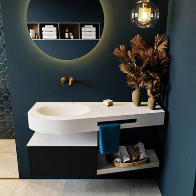 MONDIAZ RIVA Ensemble meuble de salle de bains - 120x50x30cm - 1 tiroir - MDF Urban mat - push to open - 0 trous de robinet - vasque à gauche - solid surface talc