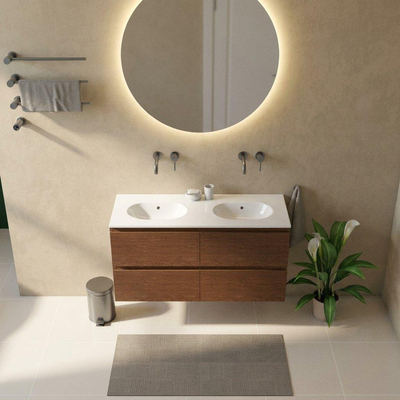 Saniclass Holz Pure Ensemble de meubles de salle de bains - 120x45x74cm - lavabo Chaci en céramique blanc - 2 vasques - sans trous de robinetterie - 4 tiroirs - walnut pure mat (bois)