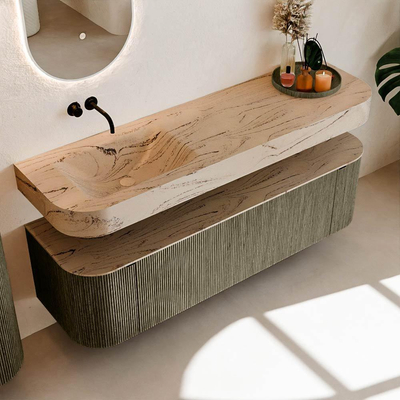 MONDIAZ THOR-DLUX Meuble de salle de bains - 160cm - arrondi gauche + droite - couleur Shadow - 1 tiroir et 2 portes - Vasque suspendue CLOUD Gauche sans trou de robinet - couleur Arena