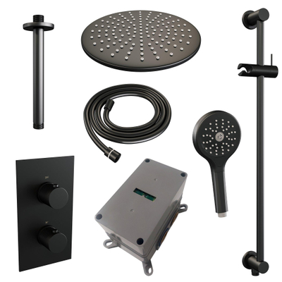 Brauer Black Carving Ensemble de douche de pluie encastré - pomme de douche 30 cm - 2 fonctions - barre de douche - avec partie encastrée - douchette ronde 3 jets - noir mat