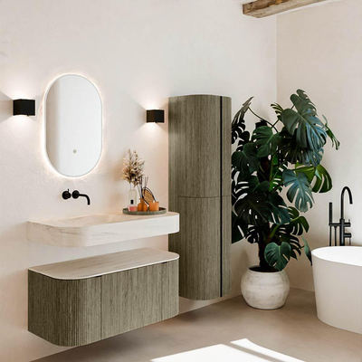 MONDIAZ THOR-DLUX 100cm meuble de salle de bains arrondi gauche + droite couleur Shadow avec 1 tiroir et 2 portes. Vasque suspendue CLOUD Gauche sans trou de robinet couleur Meli.