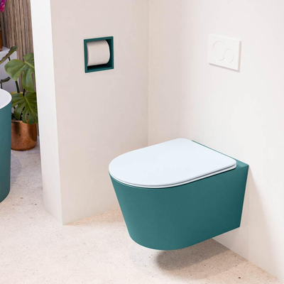 Mondiaz LAVIE hangtoilet – spoelrandloos – 36 x 53 cm – met softclose zitting – Smag (groen), zitting Clay (lichtblauw/grijs)
