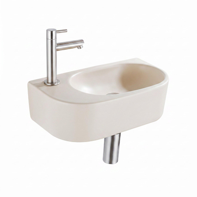 QeramiQ Fuente Fontein - 38x18.5x9cm - keramiek - fonteinkraangat links - fonteinkraan geborsteld RVS - verlaagd sifon - afvoerplug - linnen