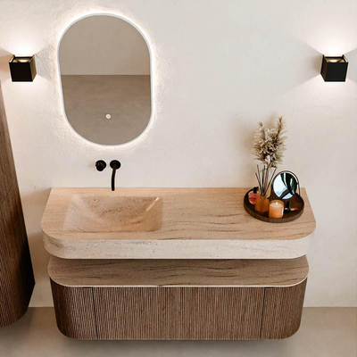 MONDIAZ THOR-DLUX 140cm badmeubel ronding links + rechts kleur Walnut met 1 lade en 2 deuren. Vrijhangende wastafel CLOUD Links zonder kraangat kleur Saba.