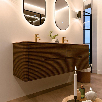 Mondiaz CIRO-DLUX Badkamermeubelset - 150x45x50cm - Solid surface wastafel Saba - 2 wasbak Dubbel - 2 kraangaten - 4 lades - Dusk