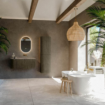 MONDIAZ KURVE-DLUX Meuble de salle de bains 105cm arrondi Gauche couleur Shadow avec 1 tiroir et 1 porte. Lavabo BIG SMALL Droite sans trou de robinet Sombra.