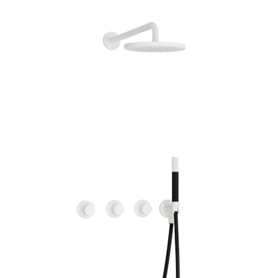 Hotbath Cobber IBS70 Ensemble de douche de tête encastré - bras de douche mural 38,5 cm - pomme de douche ronde 20 cm - douchette à main bâton - blanc mat