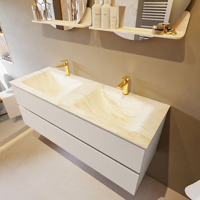 Mondiaz VICA-DLUX Ensemble de meuble de salle de bain - 130cm - meuble sous-vasque lin - 2 tiroirs - lavabo encastrée cloud double - 2 trous de robinet - version haute de 60cm - ostra