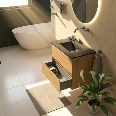 Saniclass Holz Pure Ensemble de meubles de salle de bains - 80x45x62cm - lavabo Vygo en céramique noir - 1 vasque - sans trou de robinetterie - 2 tiroirs - chêne naturel mat (bois)