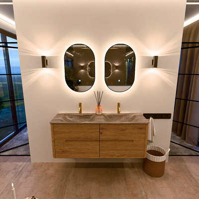 Mondiaz CIRO-DLUX Badkamermeubelset - 130x45x50cm - Solid surface wastafel Oza - 2 wasbak Dubbel - 2 kraangaten - 4 lades - Oak
