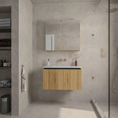 Adema Holz Ensemble de meuble - 80cm - 1 vasque en céramique Blanc - sans trous de robinet - 1 tiroir - avec armoire de toilette - Caramel (bois)