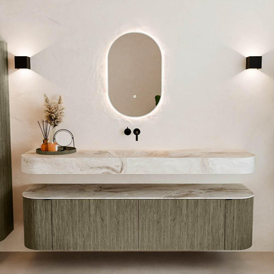 MONDIAZ THOR-DLUX 180cm meuble de salle de bains arrondi gauche + droite couleur Shadow avec 2 tiroirs et 2 portes. Vasque suspendue CLOUD Milieu sans trou de robinet couleur Frappe.