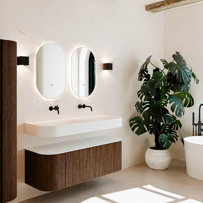 MONDIAZ THOR 130cm meuble de salle de bains arrondi gauche + droite couleur Walnut avec 1 tiroir et 2 portes. Vasque suspendue CLOUD Double sans trou de robinet couleur Talc.