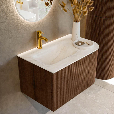 MONDIAZ KURVE-DLUX 75cm badmeubel met module 25 R kleur Walnut met 1 lade en 1 deur. Wastafel GRUNNE links 1 kraangat kleur Ostra.