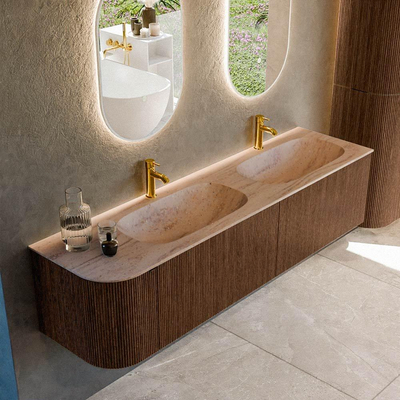 MONDIAZ KURVE-DLUX 175cm badmeubel ronding Links kleur Walnut met 2 lades en 1 deur. Wastafel STOR SMALL Dubbel / Rechts 2 kraangaten Saba.