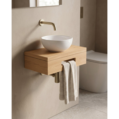 Royal Plaza Terra pack lave-mains – 40 x 25 x 10 cm – bois blanc brillant – robinet doré brossé – avec porte-serviette