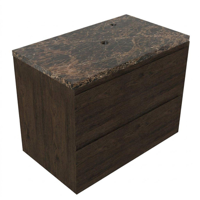 Saniclass Holz Pure Ensemble de meubles de salle de bains - 80x45x63cm - Noche plan de travail en pierre naturelle dark emperador - 1 trou de robinetterie - 2 tiroirs - chêne mat charcoal (bois)