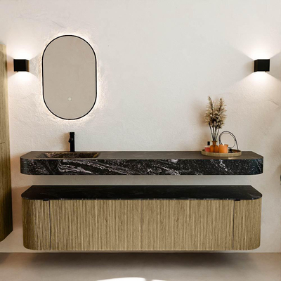 MONDIAZ THOR-DLUX Meuble de salle de bains 190cm arrondi gauche + droite couleur Dusk avec 2 tiroirs et 2 portes. Vasque suspendue CLOUD Gauche 1 trou de robinet couleur Lava.