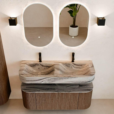 MONDIAZ THOR-DLUX 120cm badmeubel ronding links + rechts kleur Walnut met 1 lade en 2 deuren. Vrijhangende wastafel CLOUD Dubbel 2 kraangaten kleur Sombra.