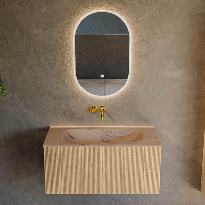 MONDIAZ KURVE-DLUX 90cm badmeubel kleur Oak met 1 lade en 0 deuren. Wastafel BIG SMALL Midden zonder kraangat Arena.