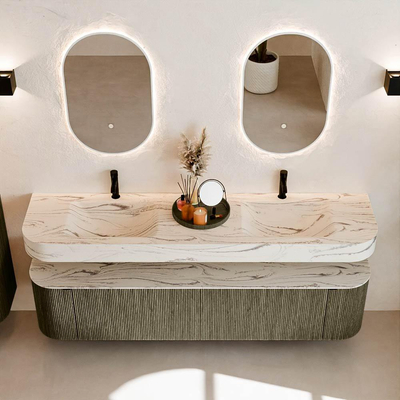 MONDIAZ THOR-DLUX Meuble de salle de bains - 190cm - arrondi gauche + droite - couleur Shadow - 2 tiroirs - 2 portes - Vasque suspendue CLOUD Double 2 trous de robinet - couleur Nata