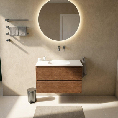 Saniclass Holz Pure Ensemble meuble salle de bains - 100x45x61.5cm - lavabo Flow en solid surface blanc - 1 vasque - sans trou de robinet - 2 tiroirs - noyer pure mat (bois)
