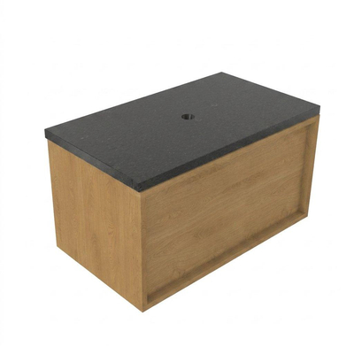 Saniclass Holz Frame Ensemble meuble de salle de bains - 80x45x43cm - Plan vasque en basalte Noche poli (noir) - sans trou de robinetterie - 1 tiroir - chêne natural mat (bois)