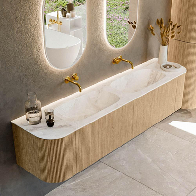 MONDIAZ KURVE-DLUX 190cm Meuble salle de bain avec module 25 G et D - couleur Oak - 2 tiroirs - 2 portes - vasque STOR SMALL double - sans trou de robinet - couleur Frappe