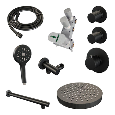 BRAUER Stripe Douche de tête thermostatique encastrable - SET 04 - pomme de douche 25cm - bras mural droit - douchette 3 positions - flexible de douche - coude mural - noir mat