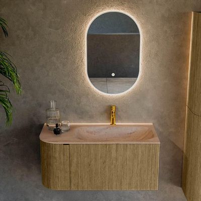 MONDIAZ KURVE-DLUX 95cm badmeubel ronding Links kleur Dusk met 1 lade en 1 deur. Wastafel BIG SMALL Rechts 1 kraangat Saba.