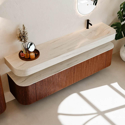 MONDIAZ THOR-DLUX 200cm meuble de salle de bains arrondi gauche + droite couleur Ruby avec 2 tiroirs et 2 portes. Vasque suspendue CLOUD Droite 1 trou de robinet couleur Meli.