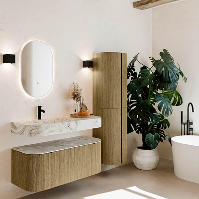 MONDIAZ THOR-DLUX Meuble de salle de bains - 110cm - arrondi gauche + droite - couleur Dusk - 1 tiroir - 2 portes - Vasque suspendue CLOUD Gauche 1 trou de robinet couleur Glace