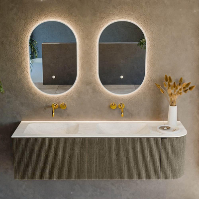 Mondiaz KURVE-DLUX Ensemble de meuble de salle de bains - 155x46x40cm - 2 tiroirs - 1 porte - lavabo solid surface - double / gauche - sans trou de robinet - Shadow