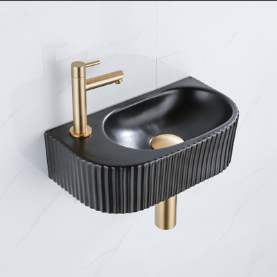 QeramiQ Fuente Ensemble de lavabo - 40x21.5x12cm - gauche - strié - demi-rond - 1 trou de robinet - céramique - robinet de lave-mains en laiton brossé - bonde - siphon abaissé - noir mat