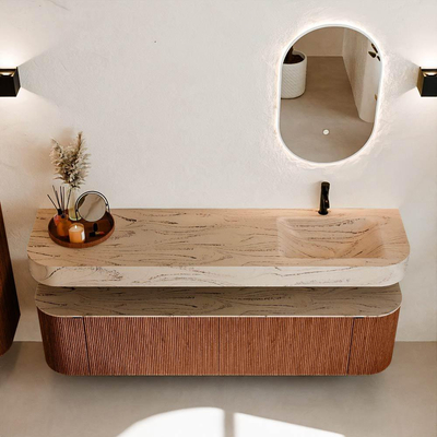 MONDIAZ THOR-DLUX 180cm meuble de salle de bains arrondi gauche + droite couleur Ruby avec 2 tiroirs et 2 portes. Vasque suspendue CLOUD Droite 1 trou de robinet couleur Arena.