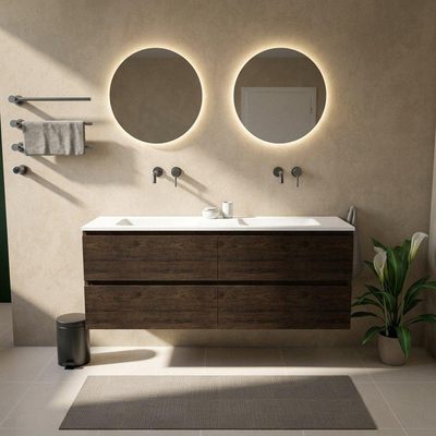 Saniclass Holz Pure Ensemble meuble de salle de bains - 160x45x77.5cm - vasque Torino en solid surface blanc - sans trou de robinetterie - 4 tiroirs - chêne charcoal mat (bois)