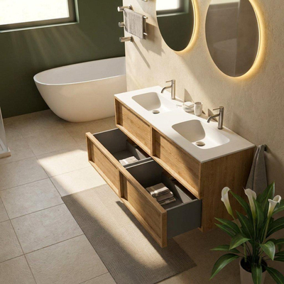Saniclass Holz Frame Ensemble meuble de salle de bains - 140x45x61.5cm - Flow lavabo en solid surface - 2 vasques - 2 trous de robinetterie - avec trop-plein - 4 tiroirs - chêne natural mat (bois)