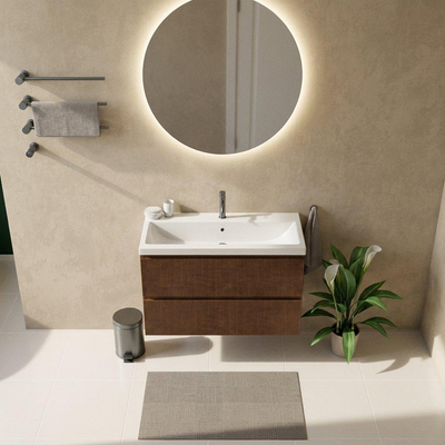 Saniclass Holz Atelier Ensemble de meubles de salle de bains - 100x45x63.5cm - Lavabo Bari en céramique blanc - 1 vasque - 1 trou de robinet - 2 tiroirs - walnut pure mat (bois)
