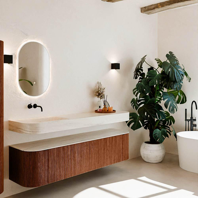 MONDIAZ THOR-DLUX Meuble de salle de bains 180cm arrondi gauche + droite couleur Ruby avec 2 tiroirs et 2 portes. Vasque suspendue CLOUD Gauche sans trou de robinet couleur Meli.