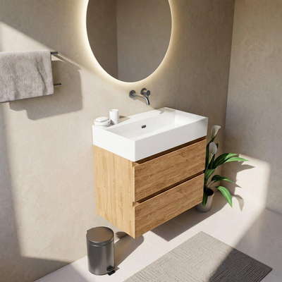 Saniclass Holz Pure Ensemble de meuble de salle de bains - 80x45x72cm - lavabo Legend en céramique blanc - 1 vasque - sans trou de robinetterie - 2 tiroirs - chêne natural mat (bois)